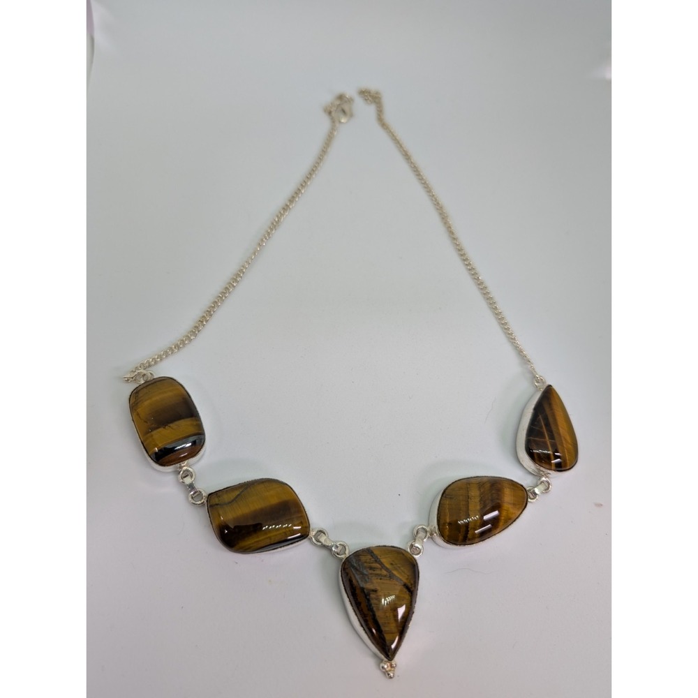 Vintage Modernist Sterling Silver and Tiger Eye‎ Necklace